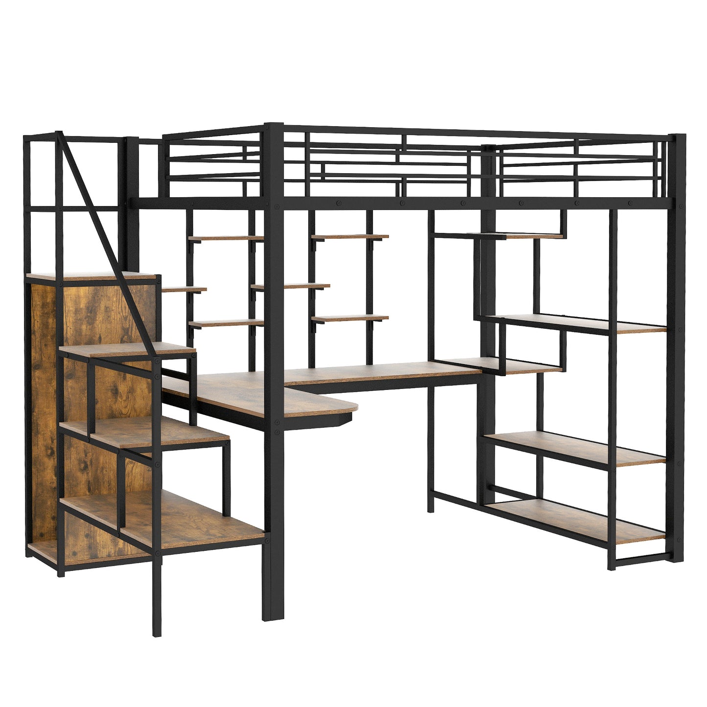 Black metal loft bed with wood grain shelves and integrated desk