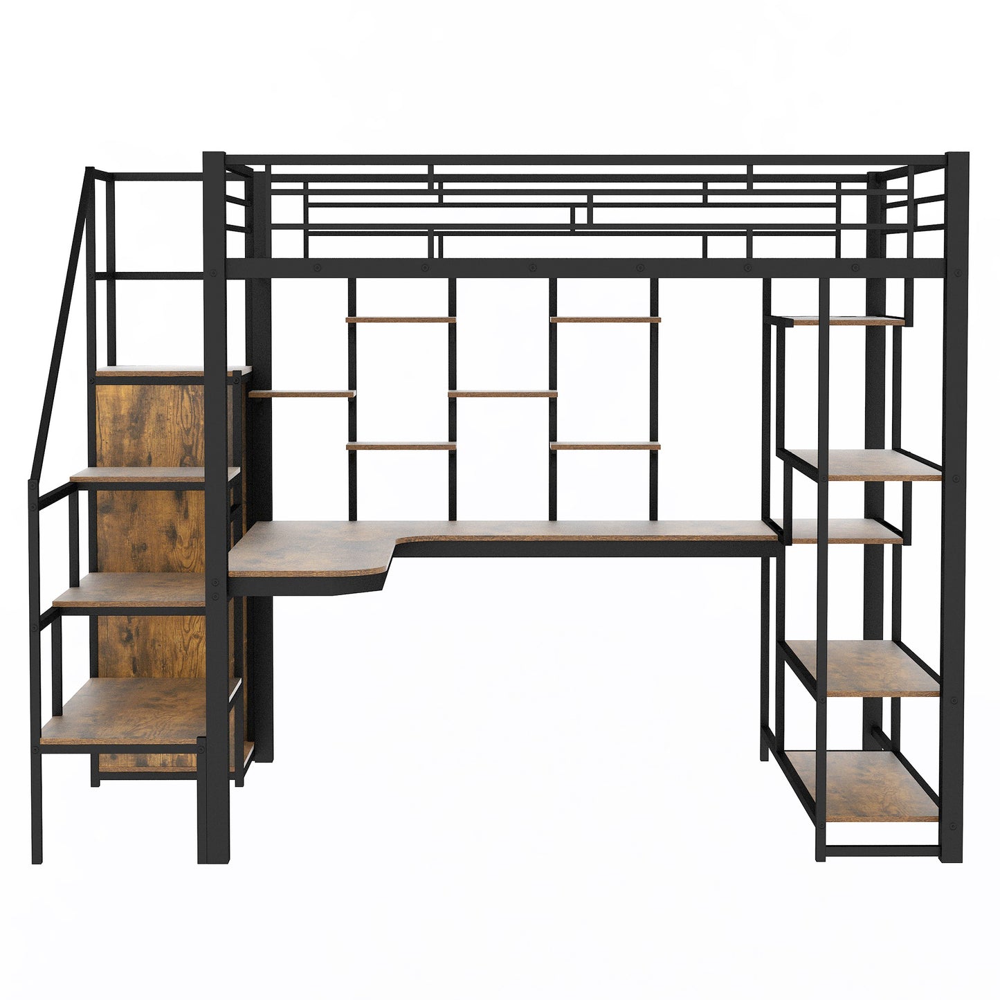 Black metal loft bed with wood grain desk and shelves