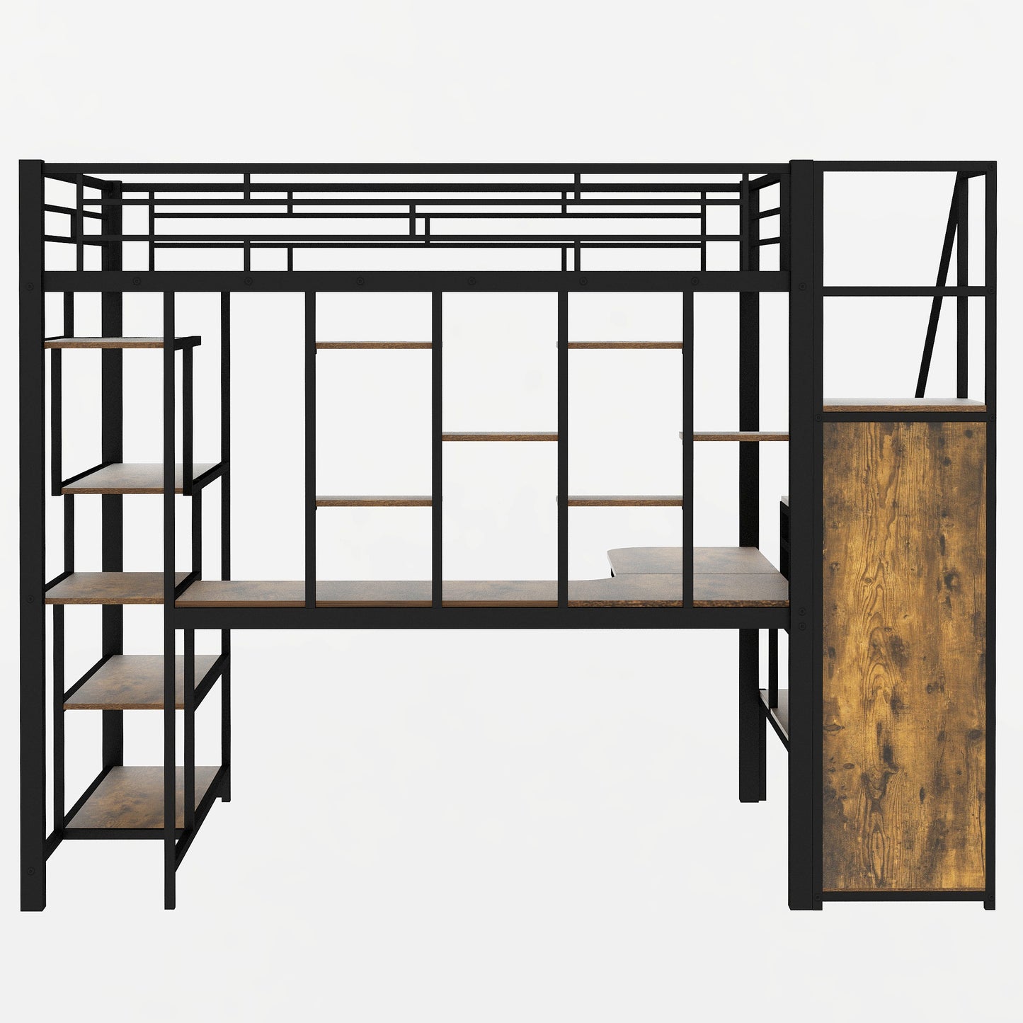 Black metal loft bed frame with wood grain desk and shelves