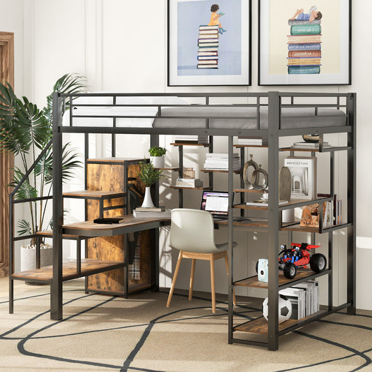 Gray metal loft bed with integrated desk and shelves