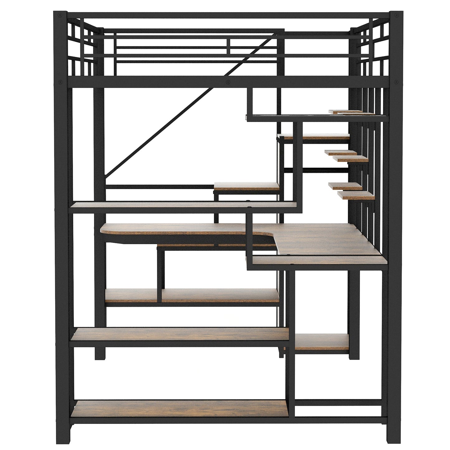 Black metal and wood loft bed with integrated desk and shelving