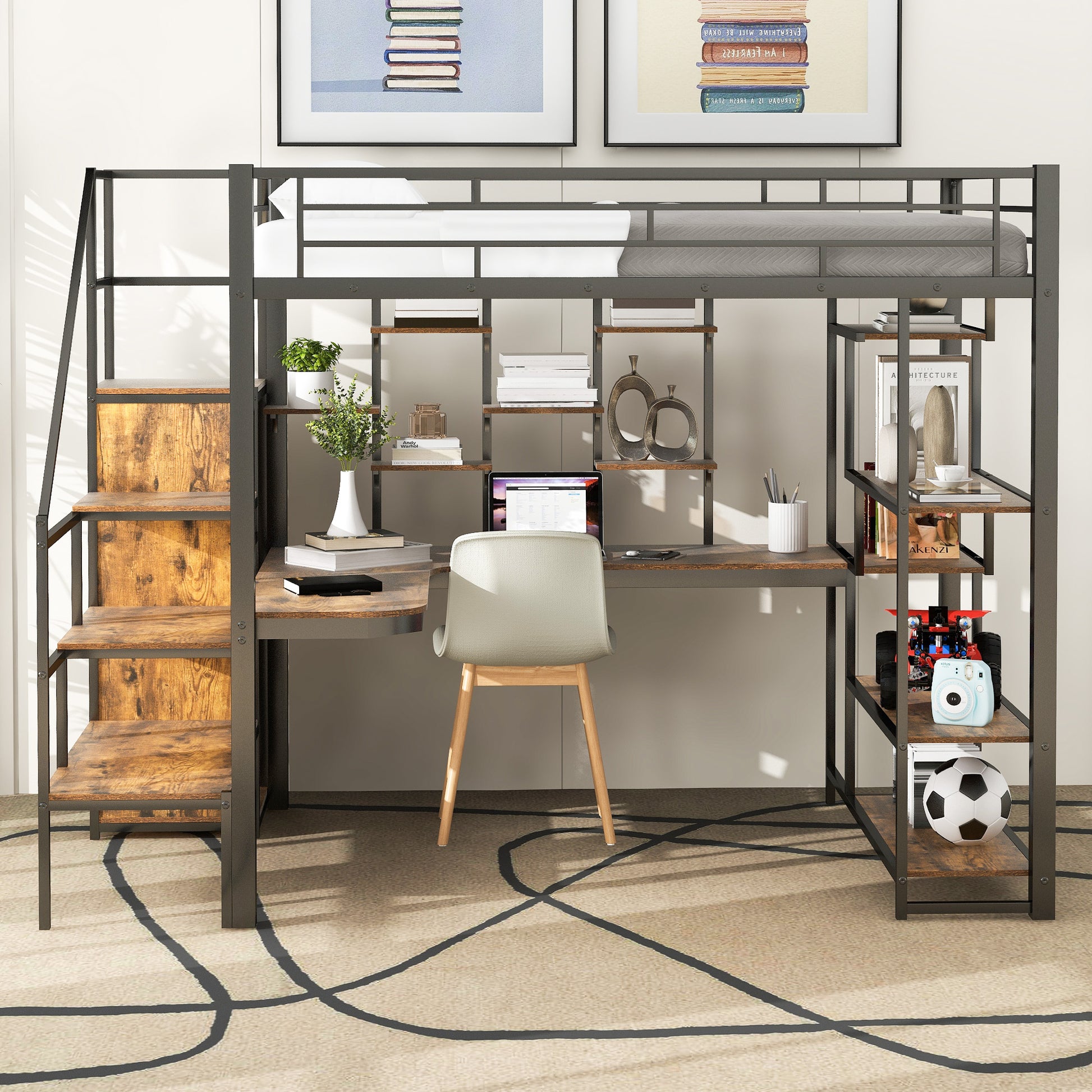 Rustic wood and metal loft bed with integrated desk and shelves