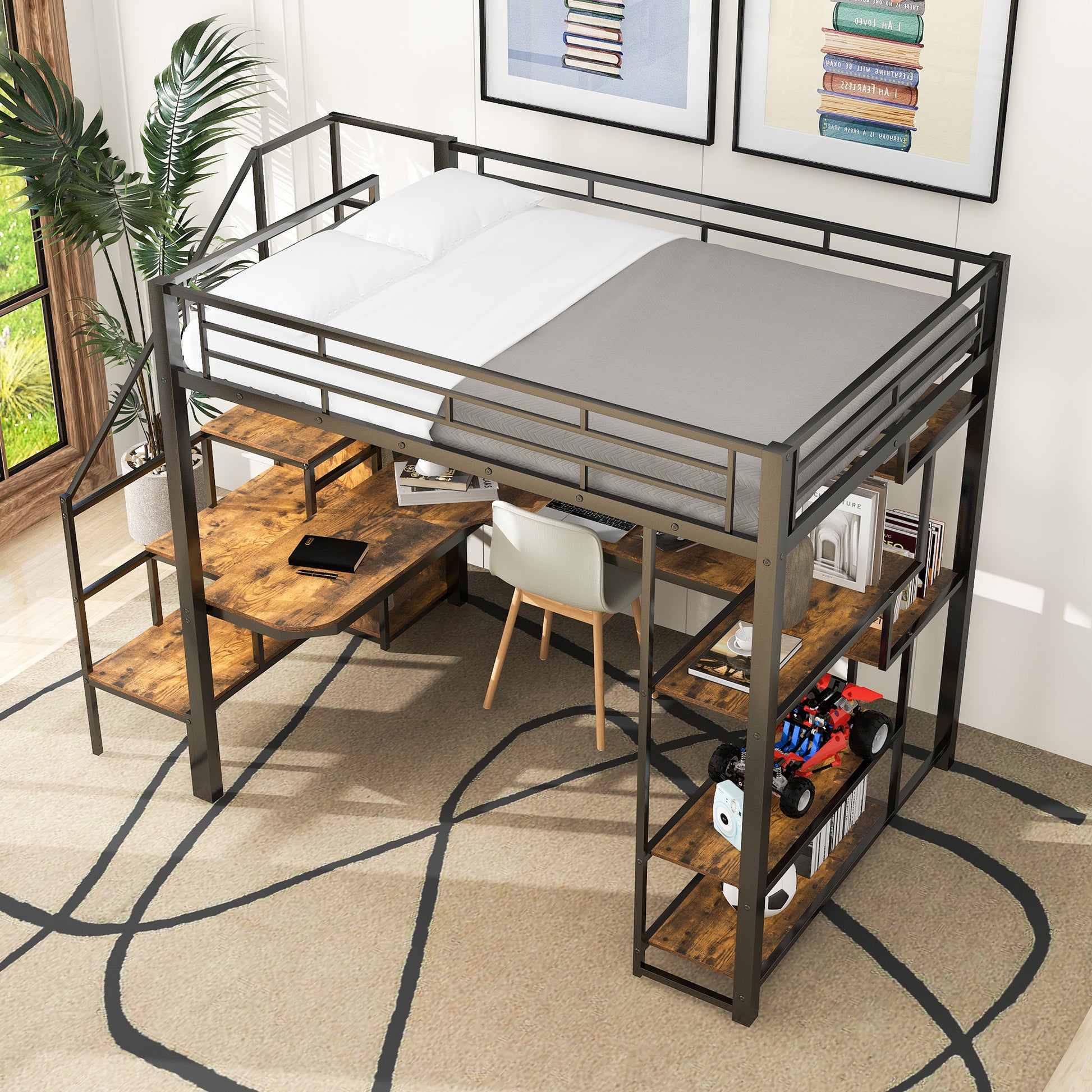 Black metal loft bed with wood desk and shelves