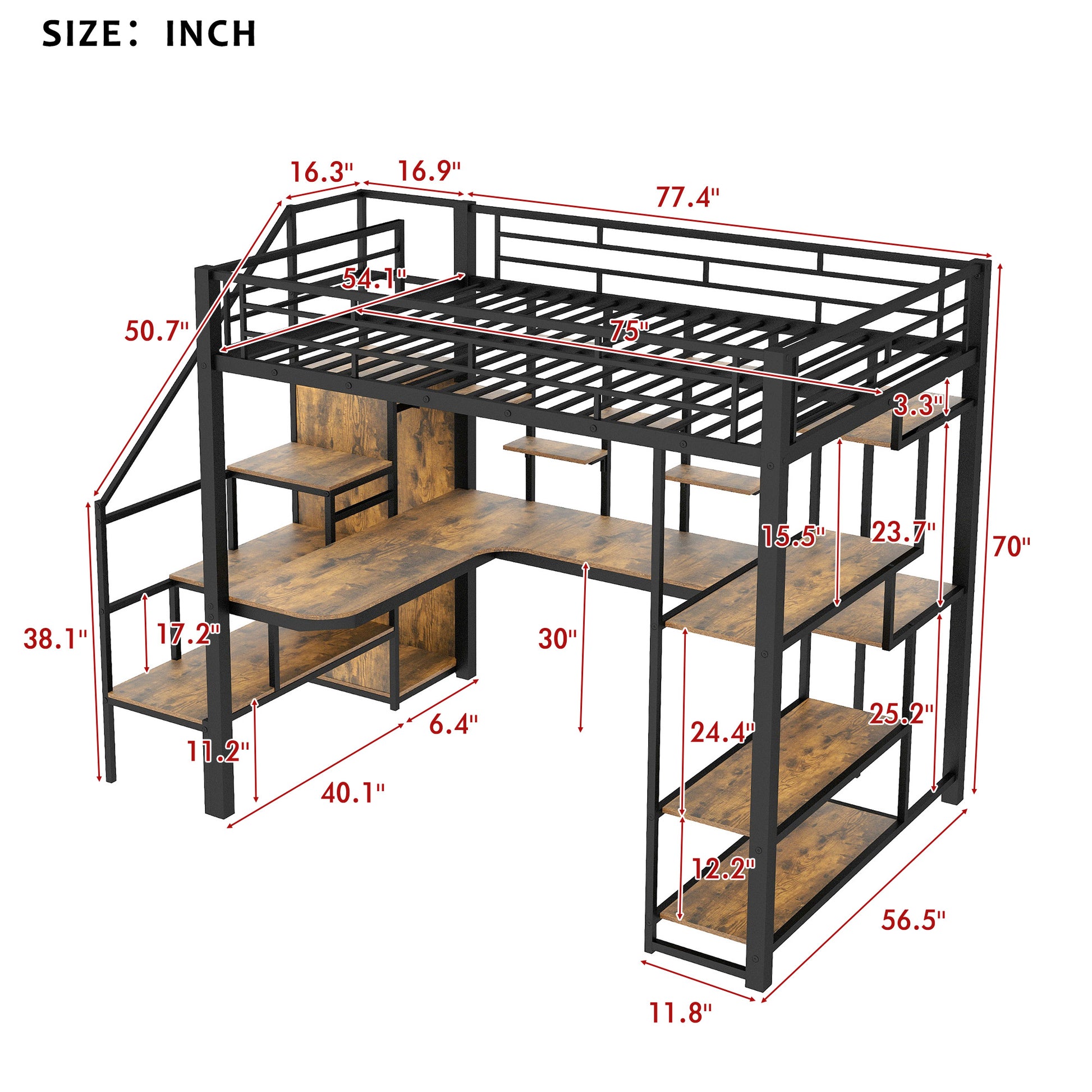 Black metal loft bed with desk and shelves