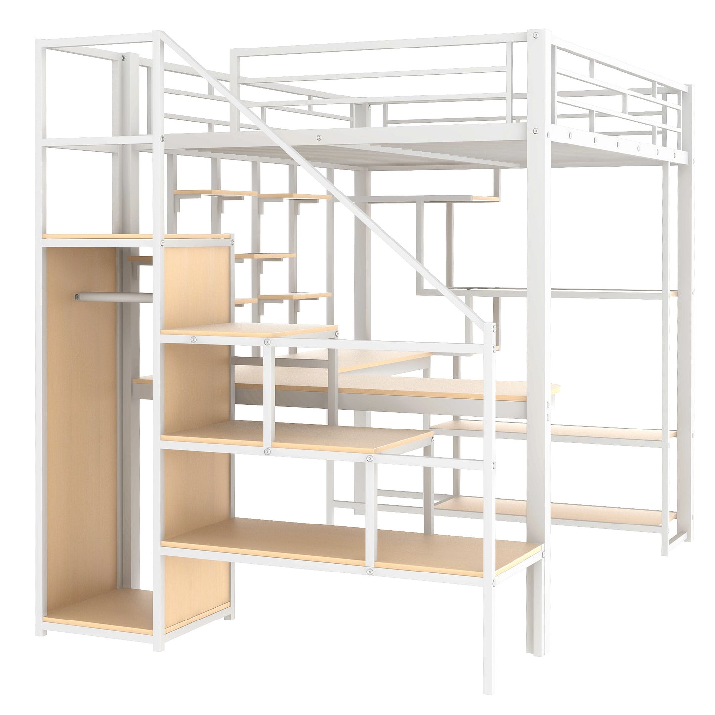 White metal loft bed with wooden shelves and integrated closet rod