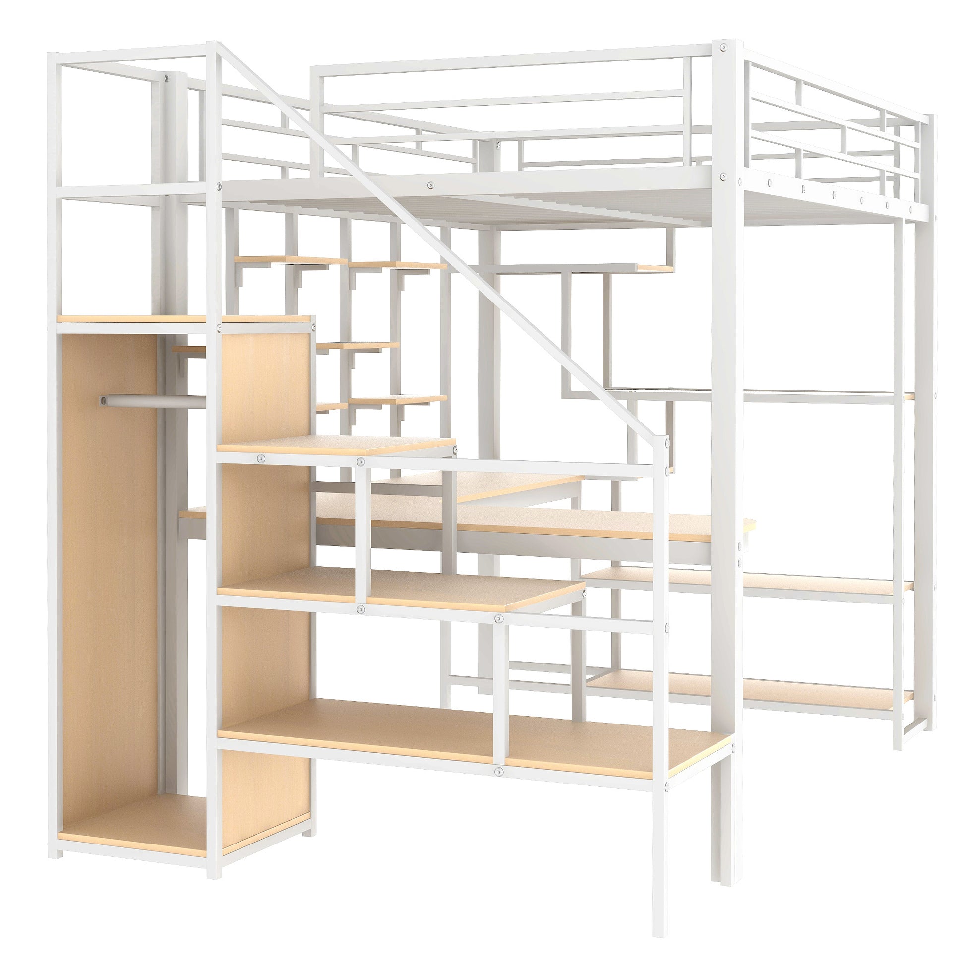 White metal loft bed with wooden shelves and integrated closet rod