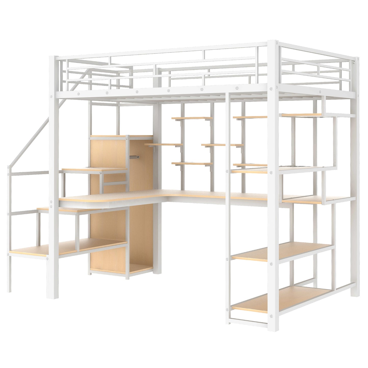 White metal loft bed with integrated desk and shelves
