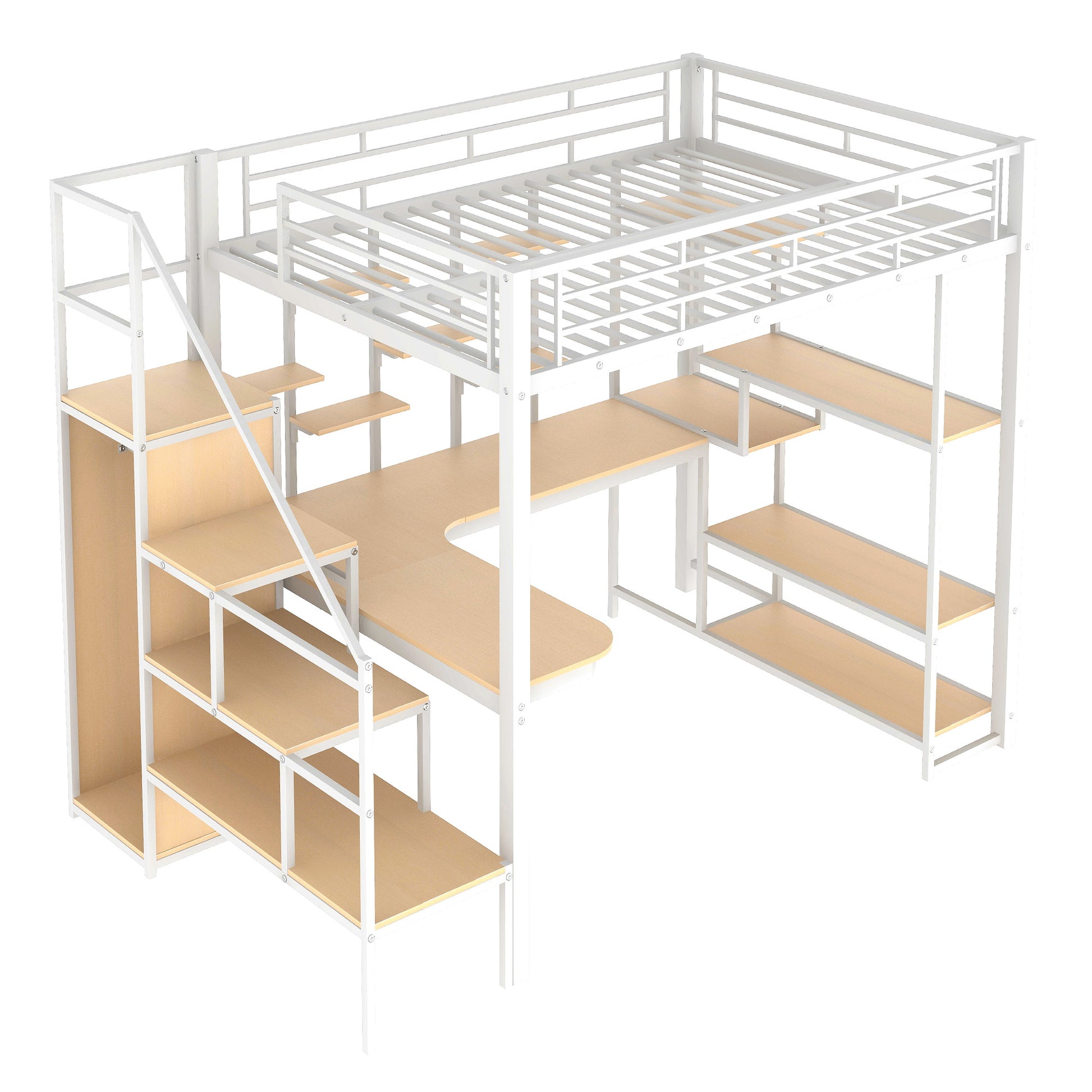 White metal loft bed with integrated desk and shelving