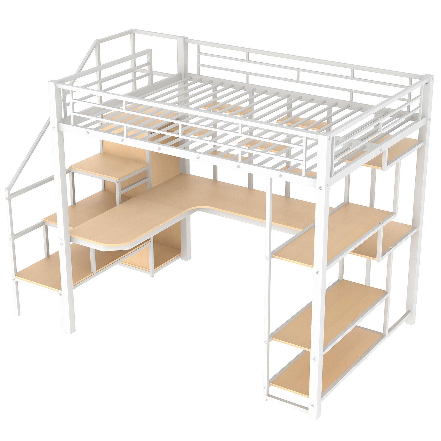 White metal loft bed with integrated desk and shelving