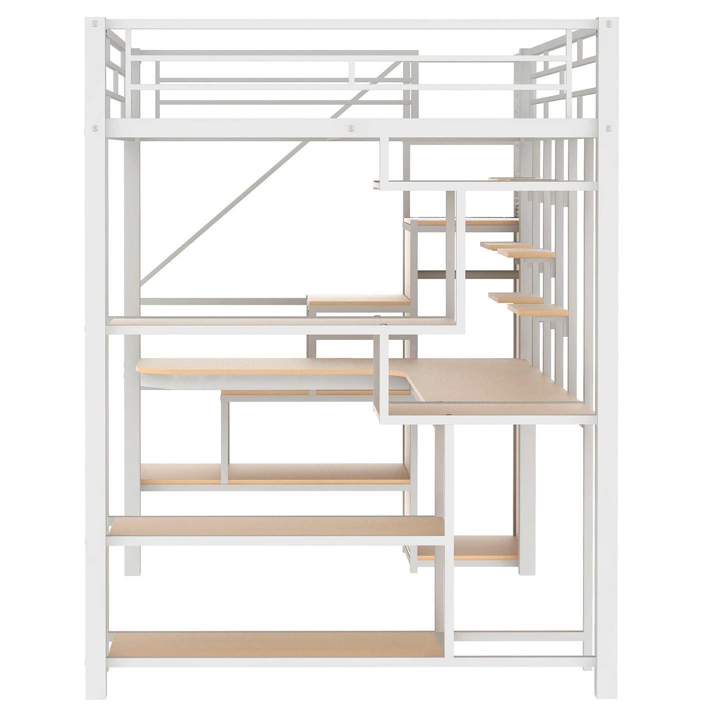 White metal loft bed with wooden platform levels and integrated ladder