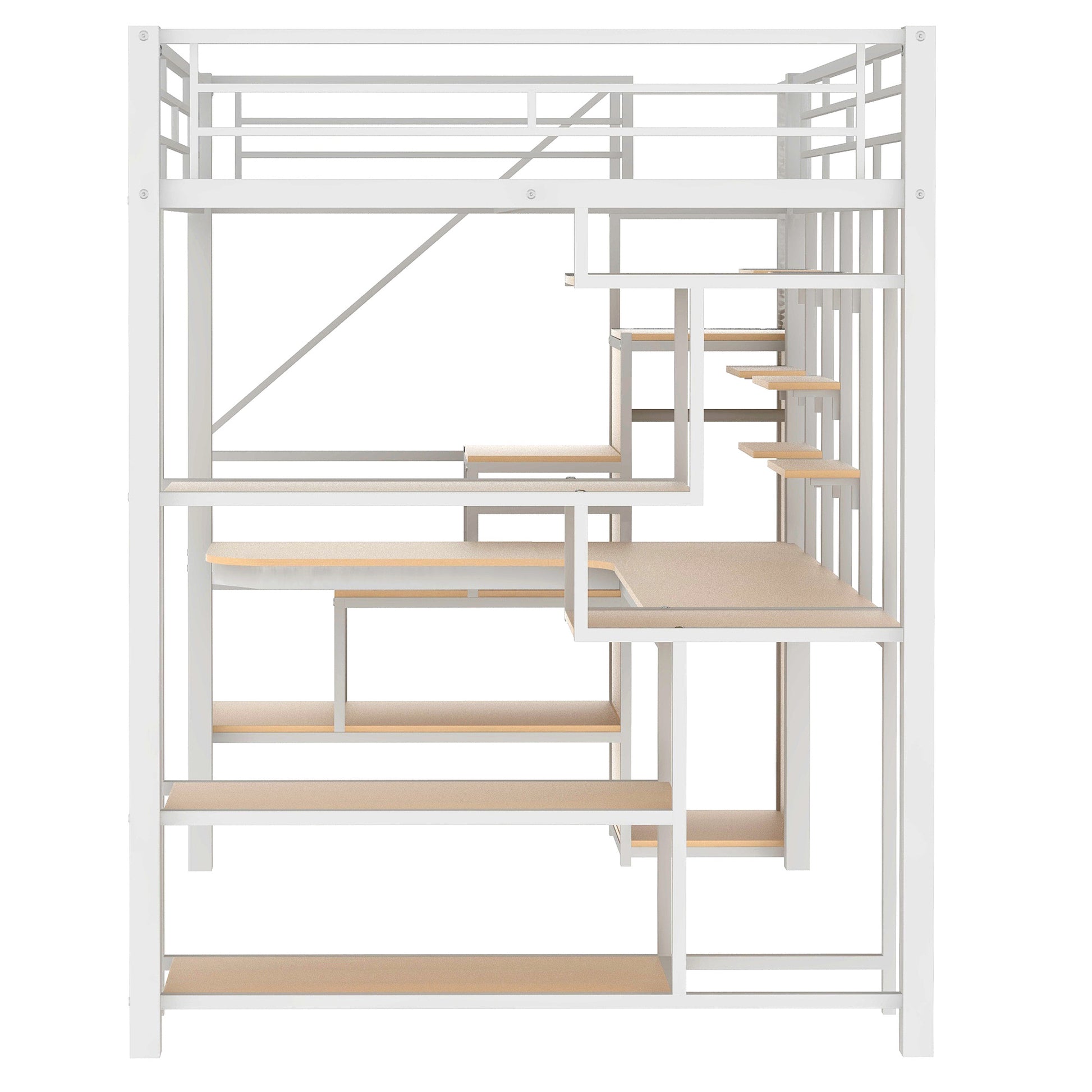 White metal loft bed with wooden platform levels and integrated ladder
