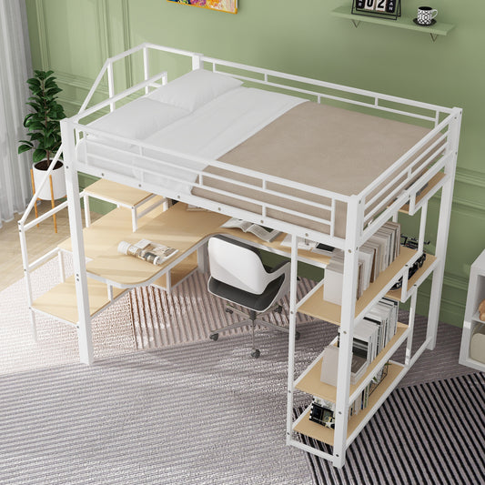 White metal loft bed with desk and shelves