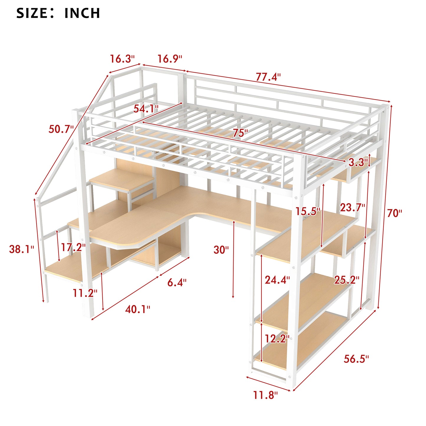 White metal loft bed with desk and shelves