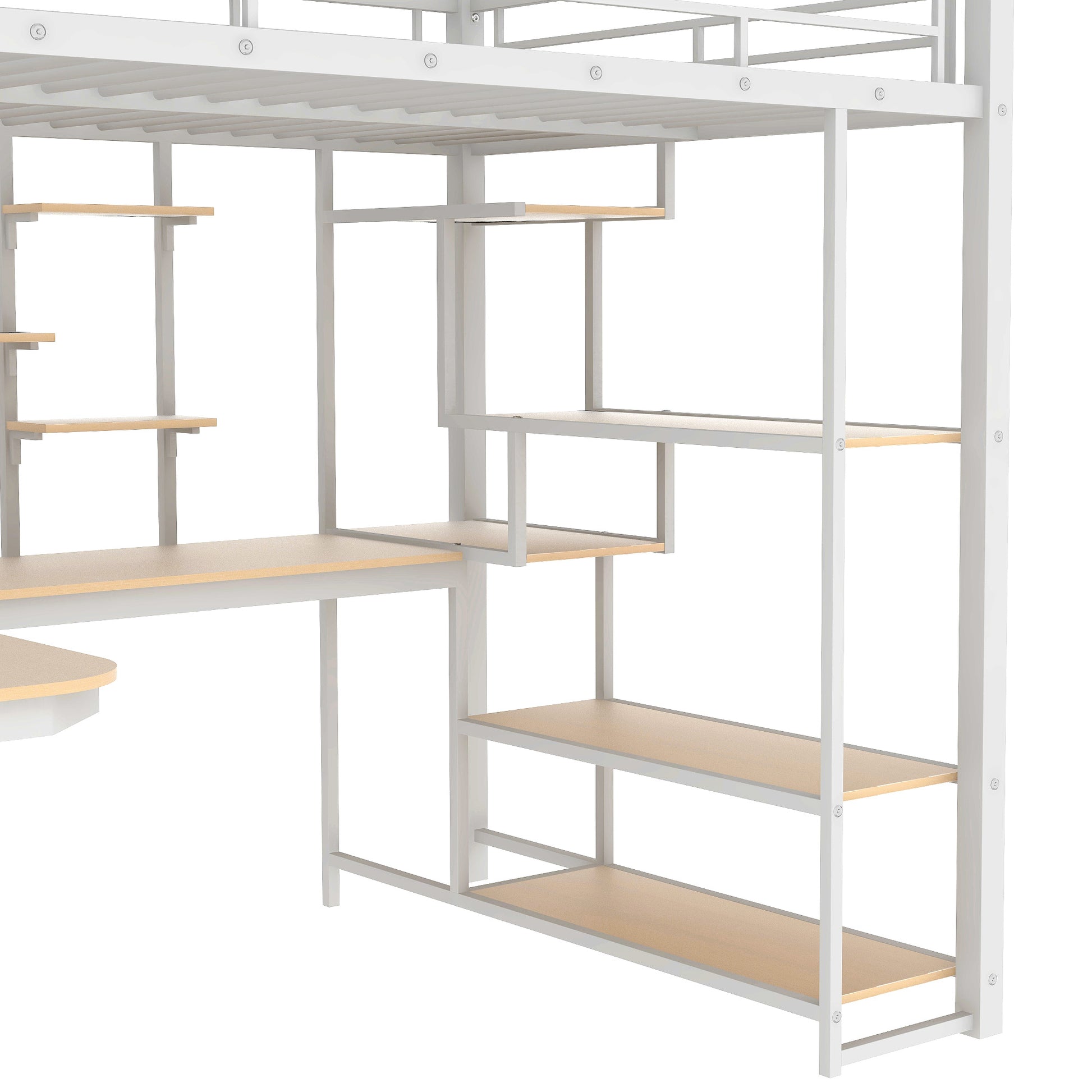 White metal loft bed frame with wooden shelves and desk
