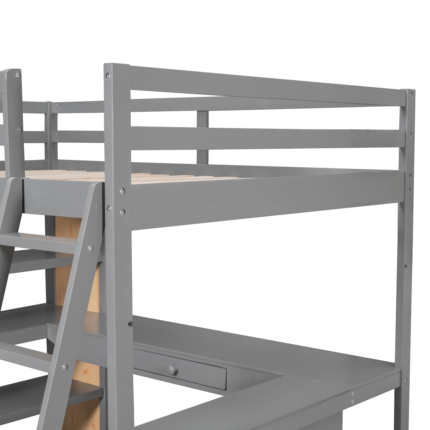 Gray wooden loft bed with ladder and desk