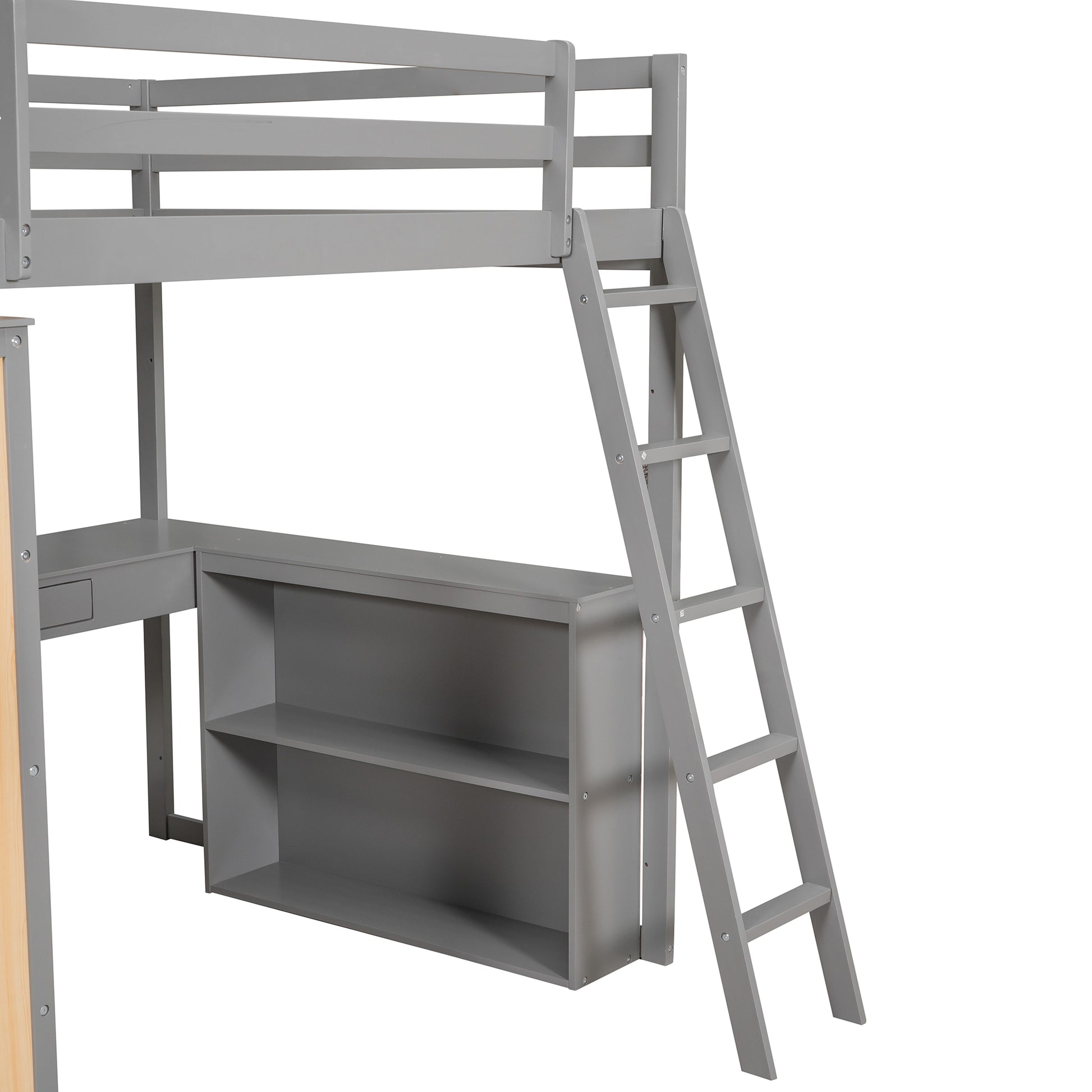 Gray loft bed with integrated desk and bookshelf