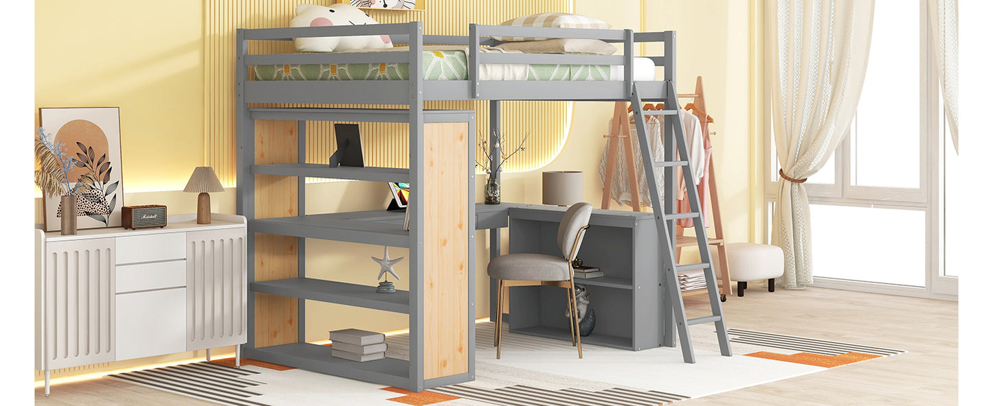 Gray loft bed with integrated desk and shelving unit