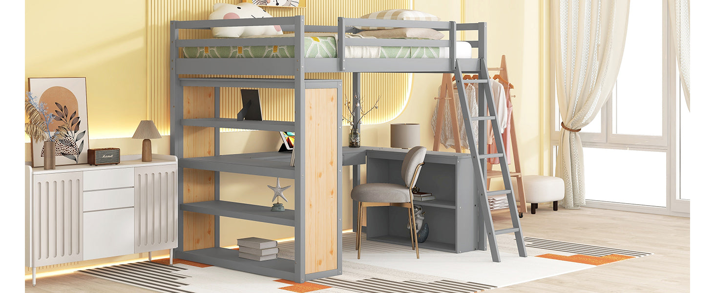 Gray loft bed with integrated desk and shelving unit