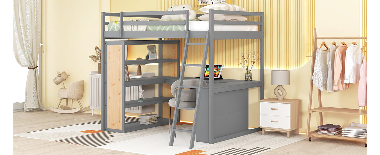 Gray loft bed with integrated desk and bookshelf ideal for kids bedrooms