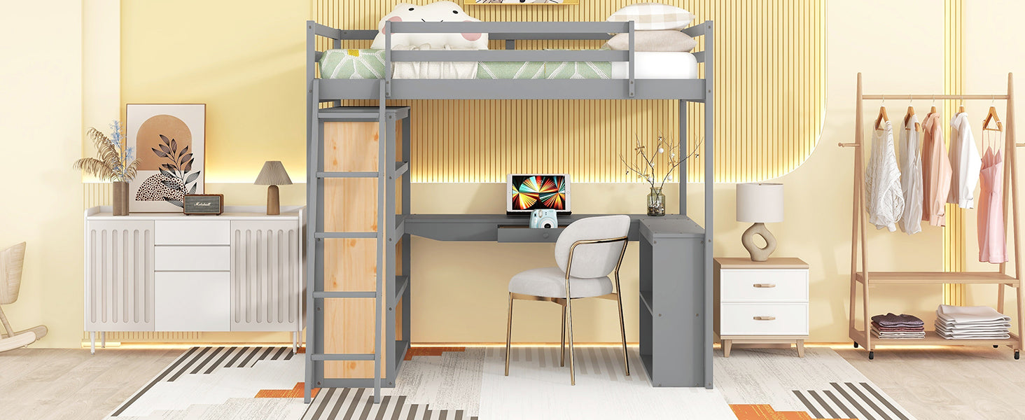 Gray metal loft bed with integrated desk and ladder for kids