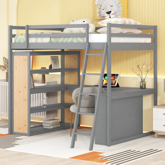 Gray loft bed with desk and shelving for kids