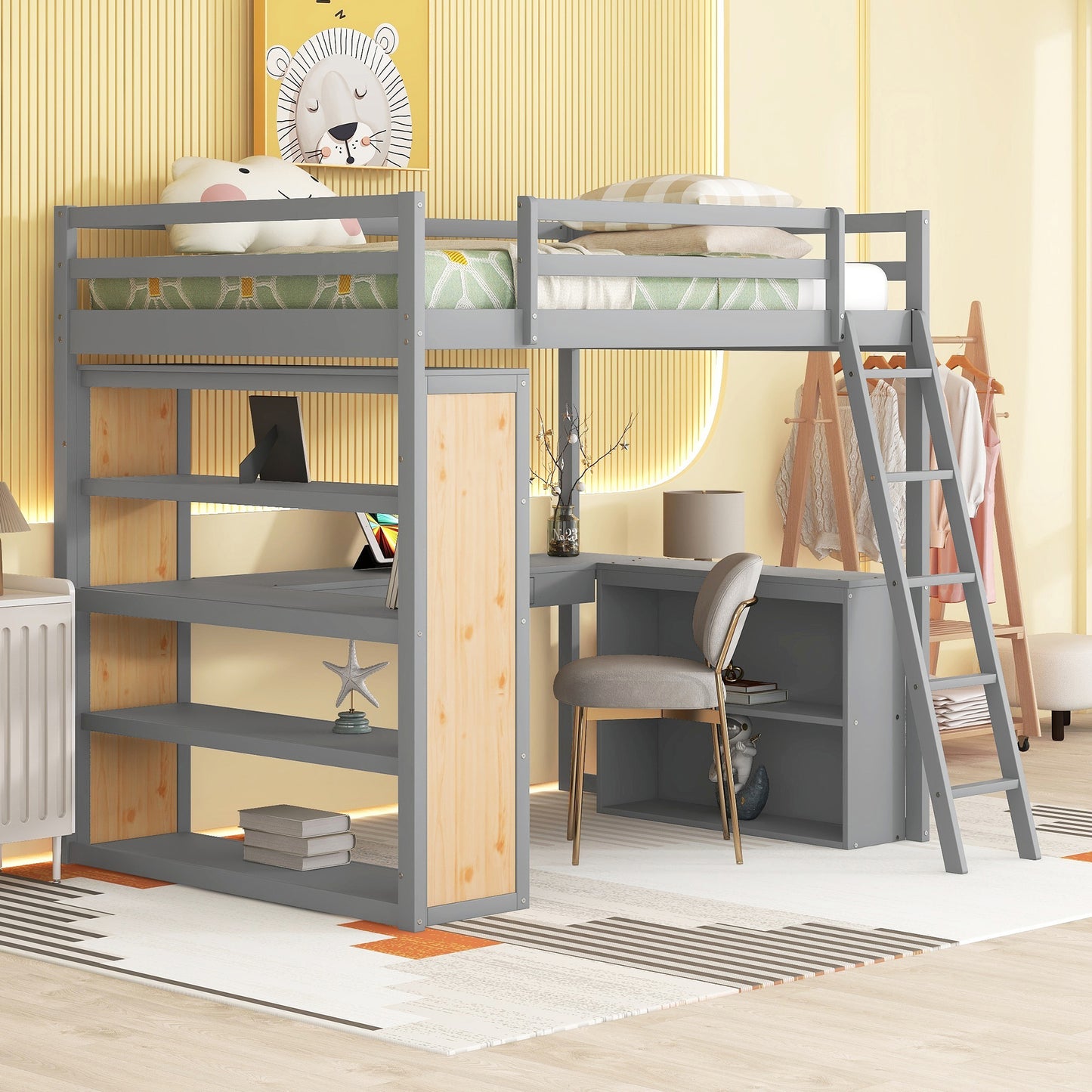 Gray loft bed with desk and shelves ideal for kids spacesaving bedroom
