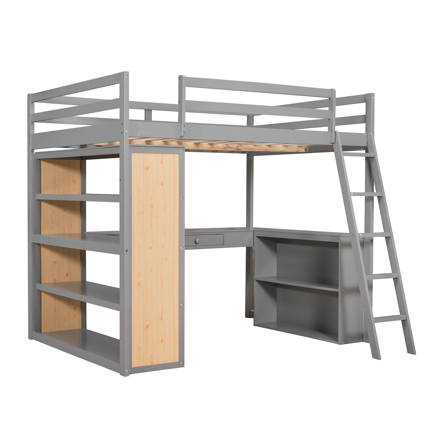 Gray wooden loft bed with builtin desk and shelves