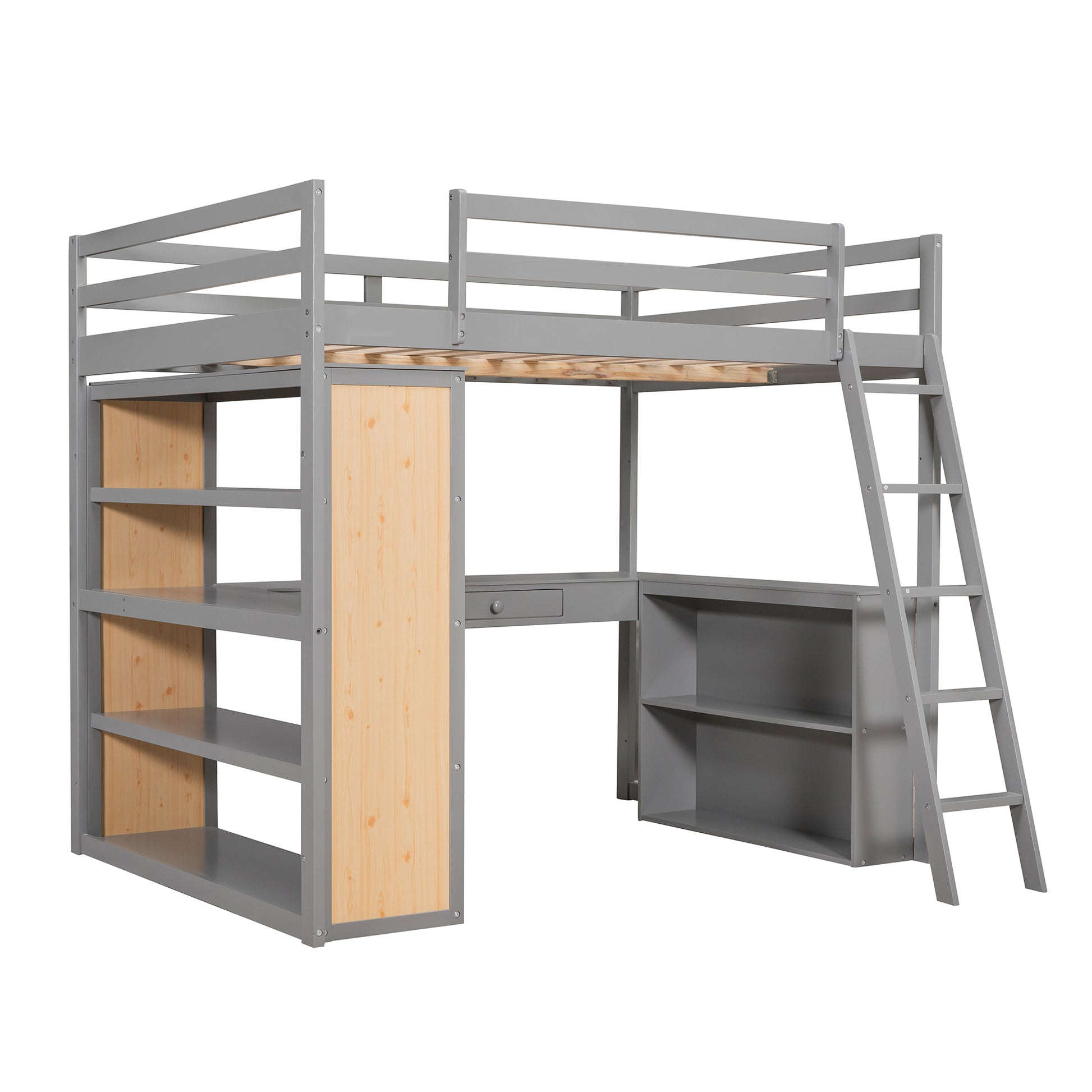 Gray wooden loft bed with builtin desk and shelves