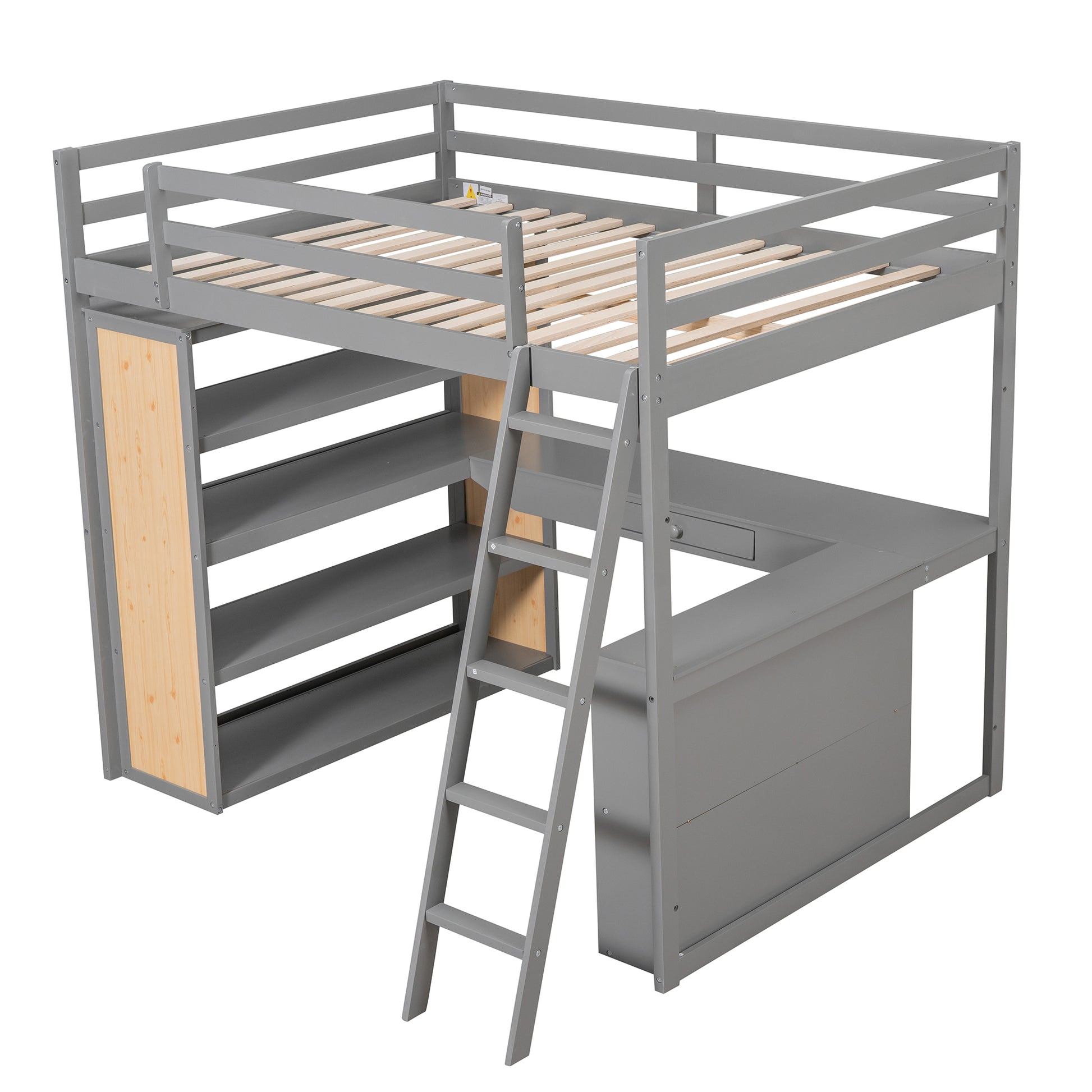 Gray wood loft bed with integrated desk and shelving