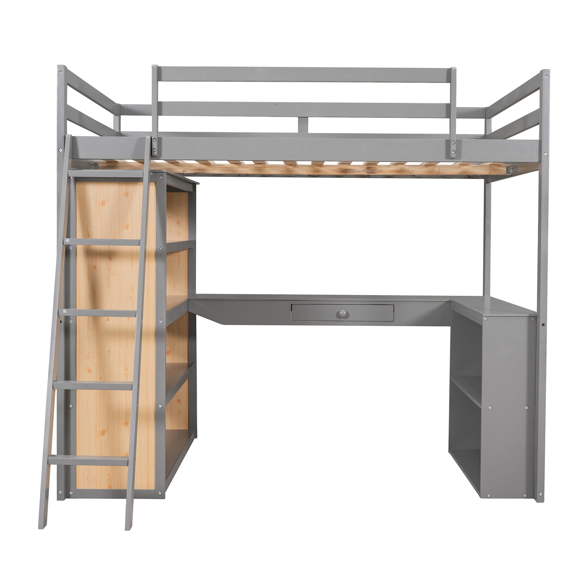 Gray wooden loft bed with integrated desk and shelving
