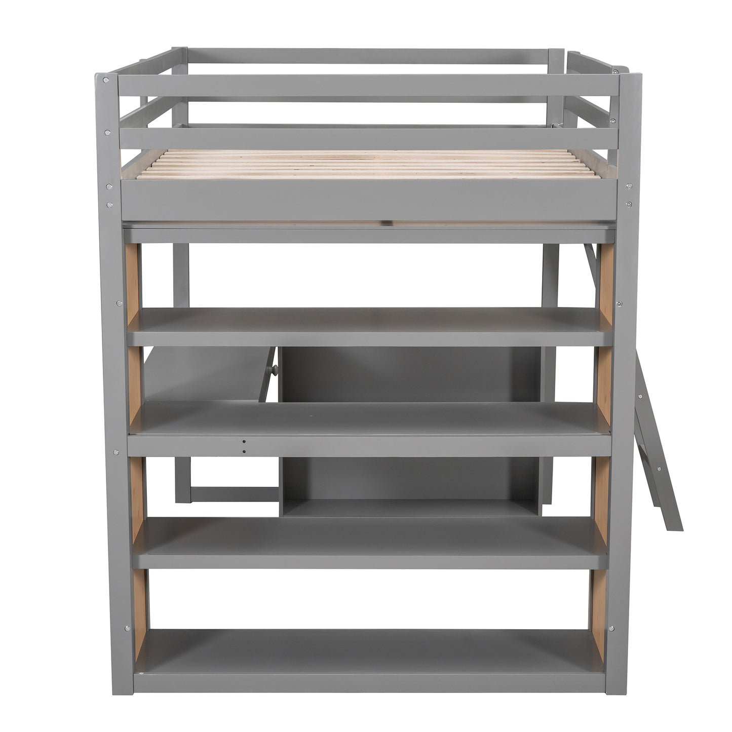 Gray loft bed with integrated shelves and desk