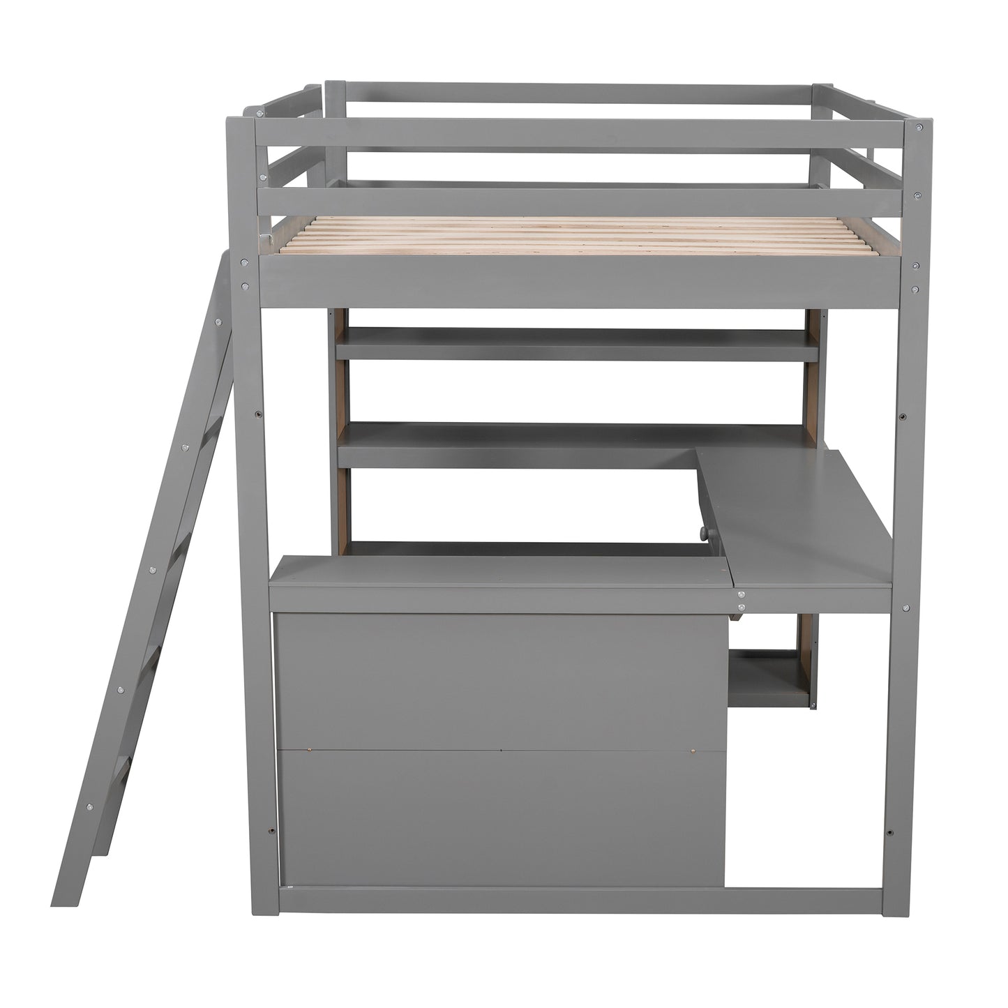Gray wooden loft bed with integrated desk and ladder