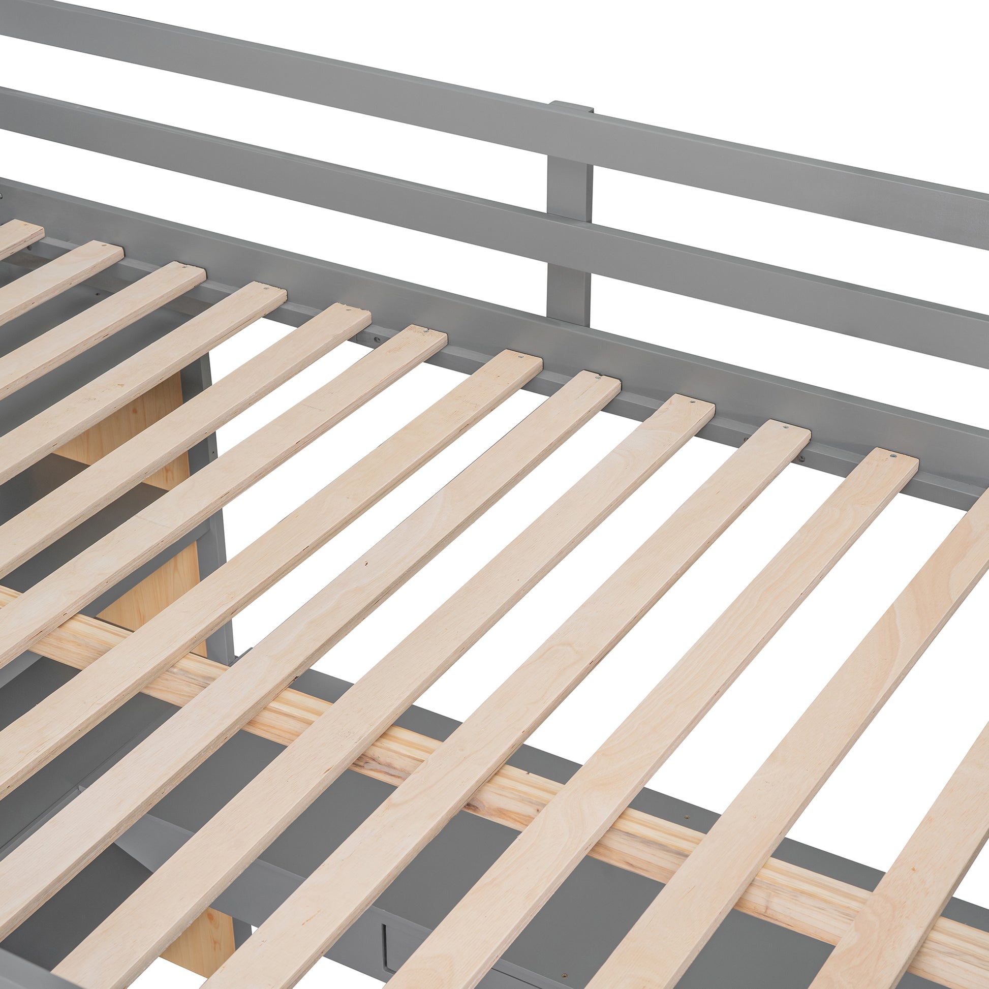 Gray wooden bed frame with natural wood slats