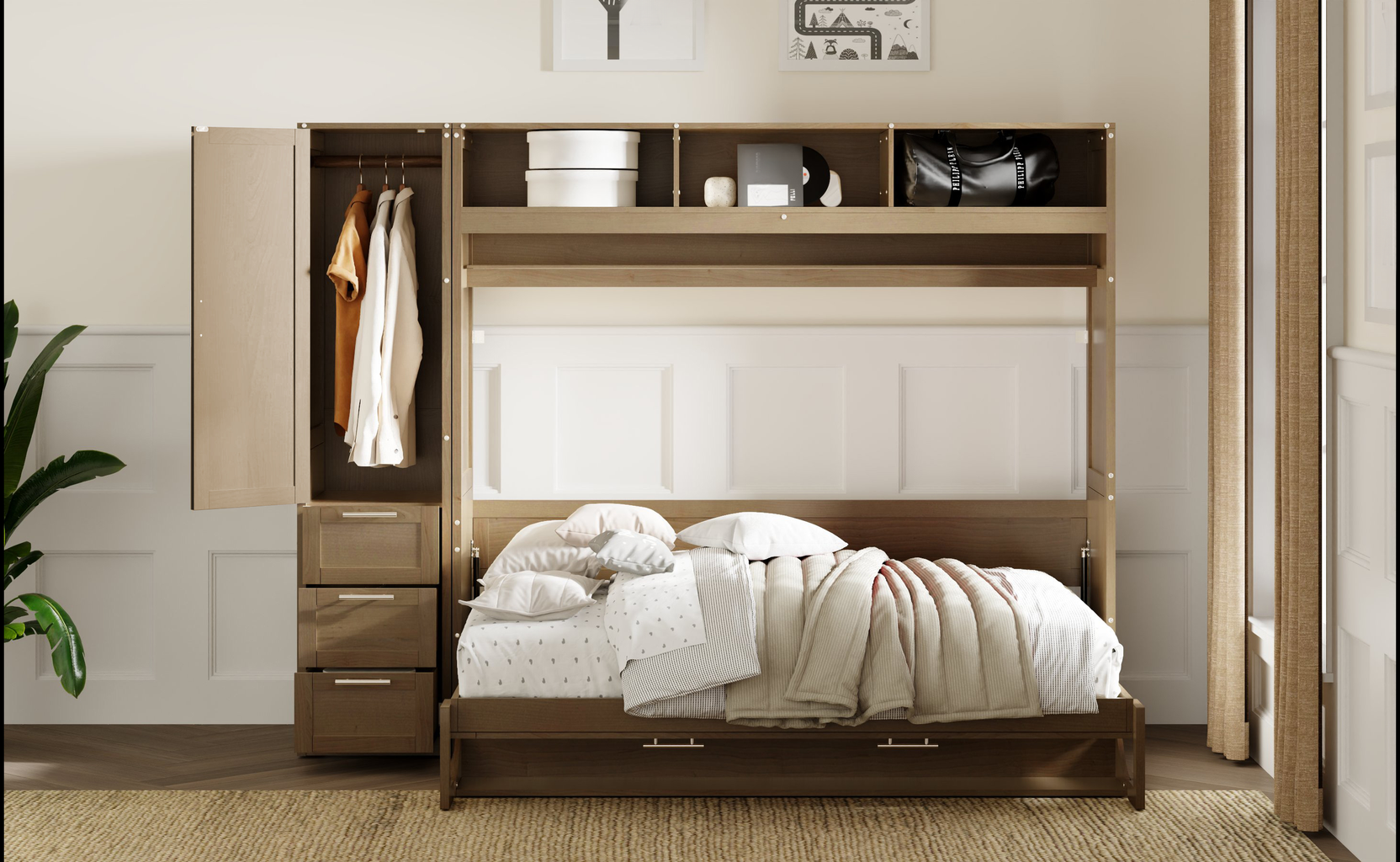 Wall bed with integrated wardrobe and drawers in oak finish