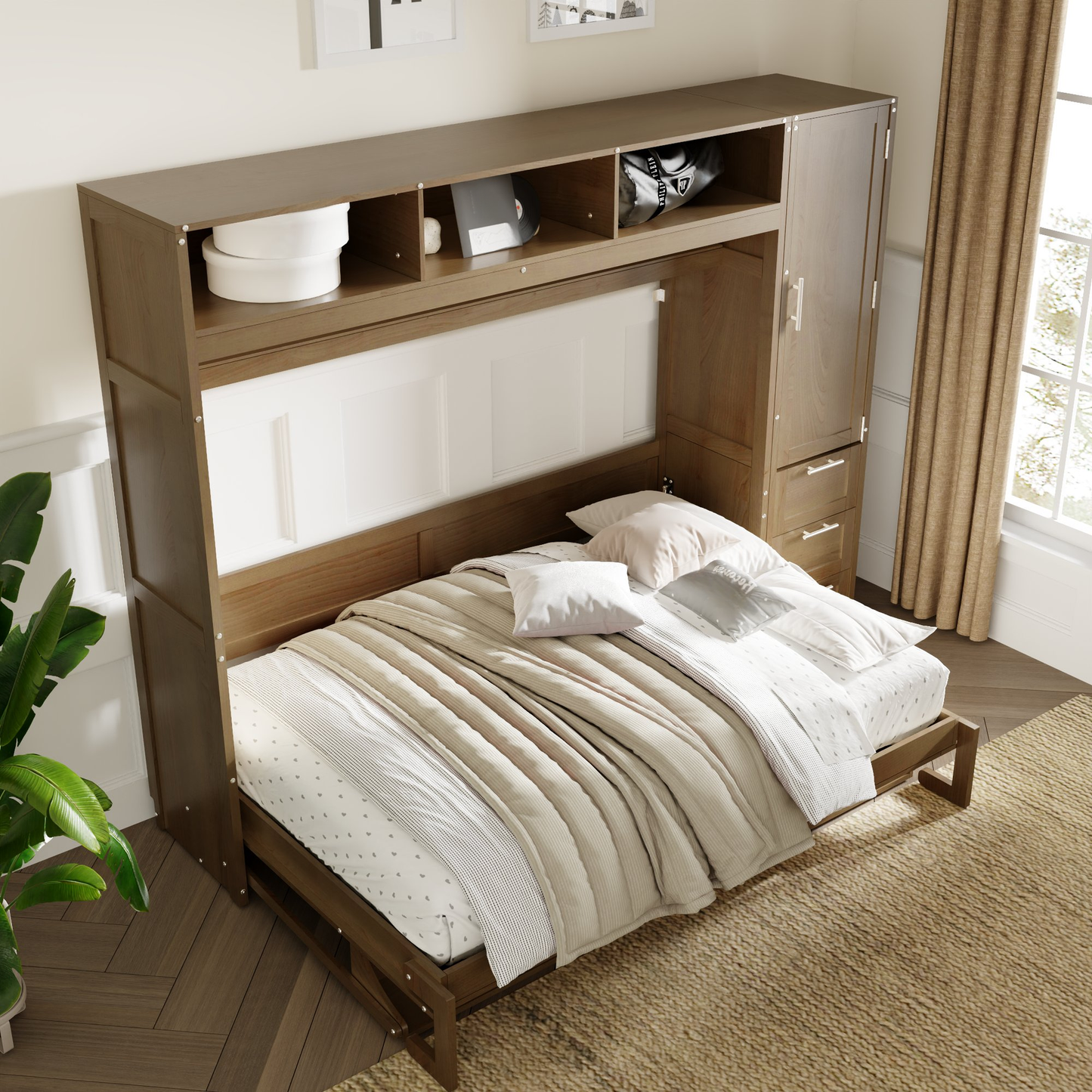 Dark wood Murphy bed with integrated shelving and cabinetry