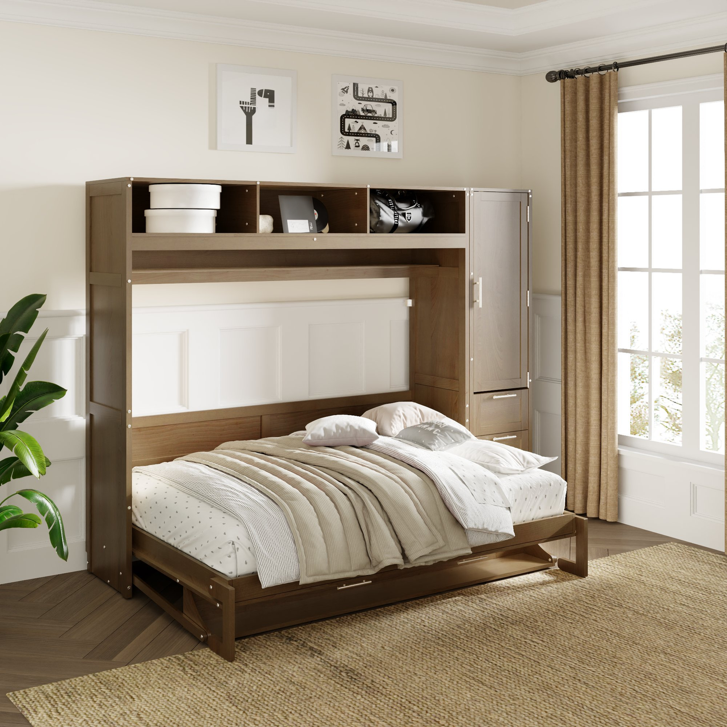 Brown wood murphy bed with mattress and bedding