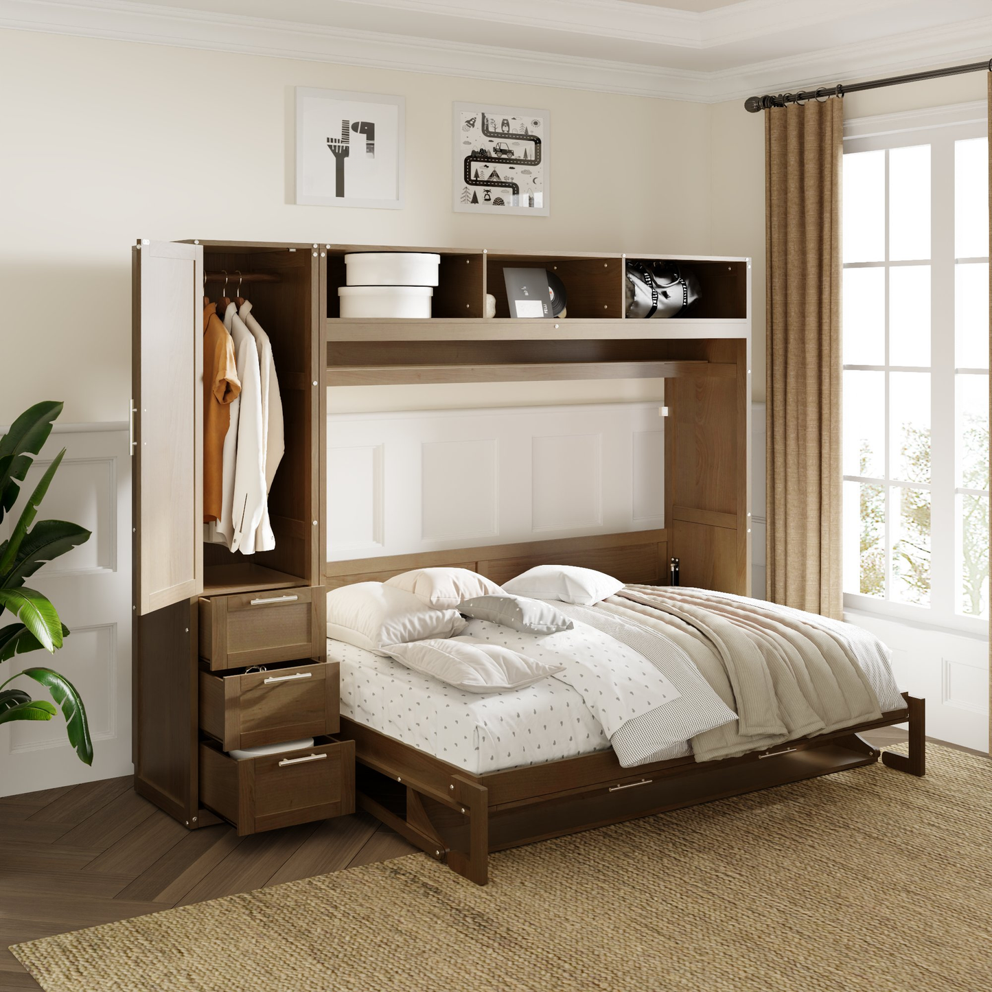 Wall bed with integrated wardrobe and storage drawers