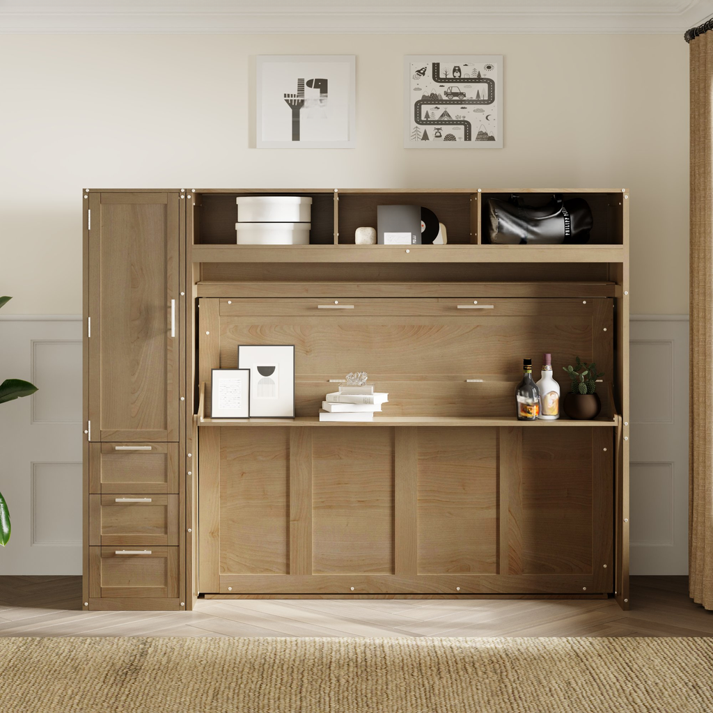 Natural wood murphy bed with integrated storage cabinet and shelves