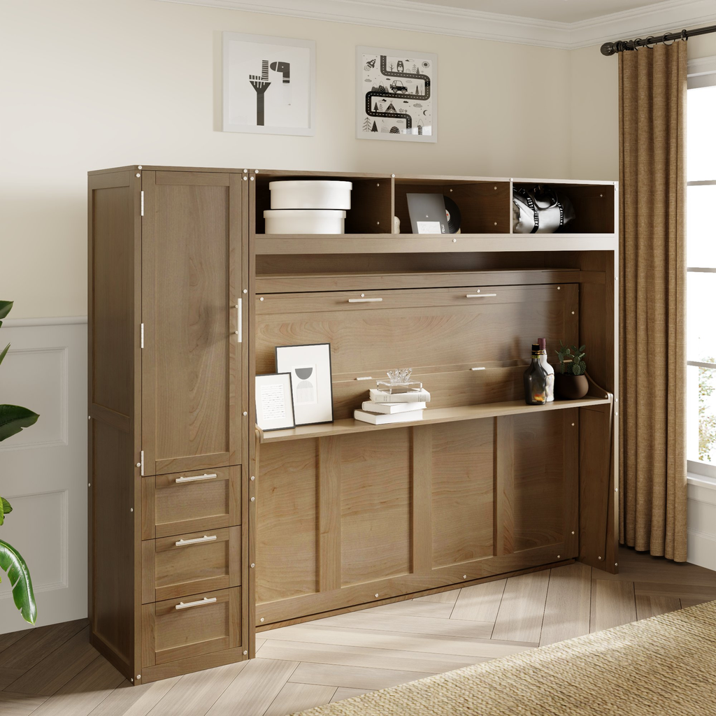 Modern wall bed with integrated storage cabinets in natural wood finish