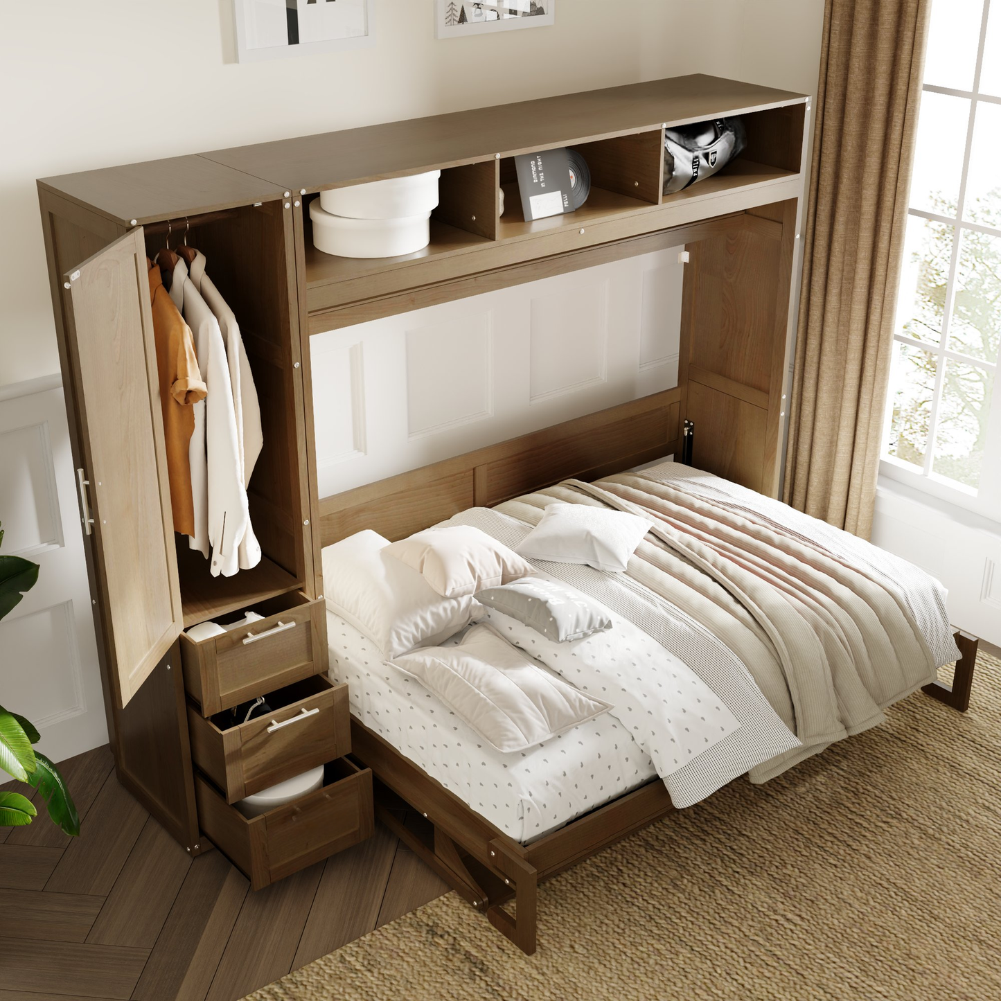 Spacesaving murphy bed with integrated wardrobe and drawers in warm wood finish