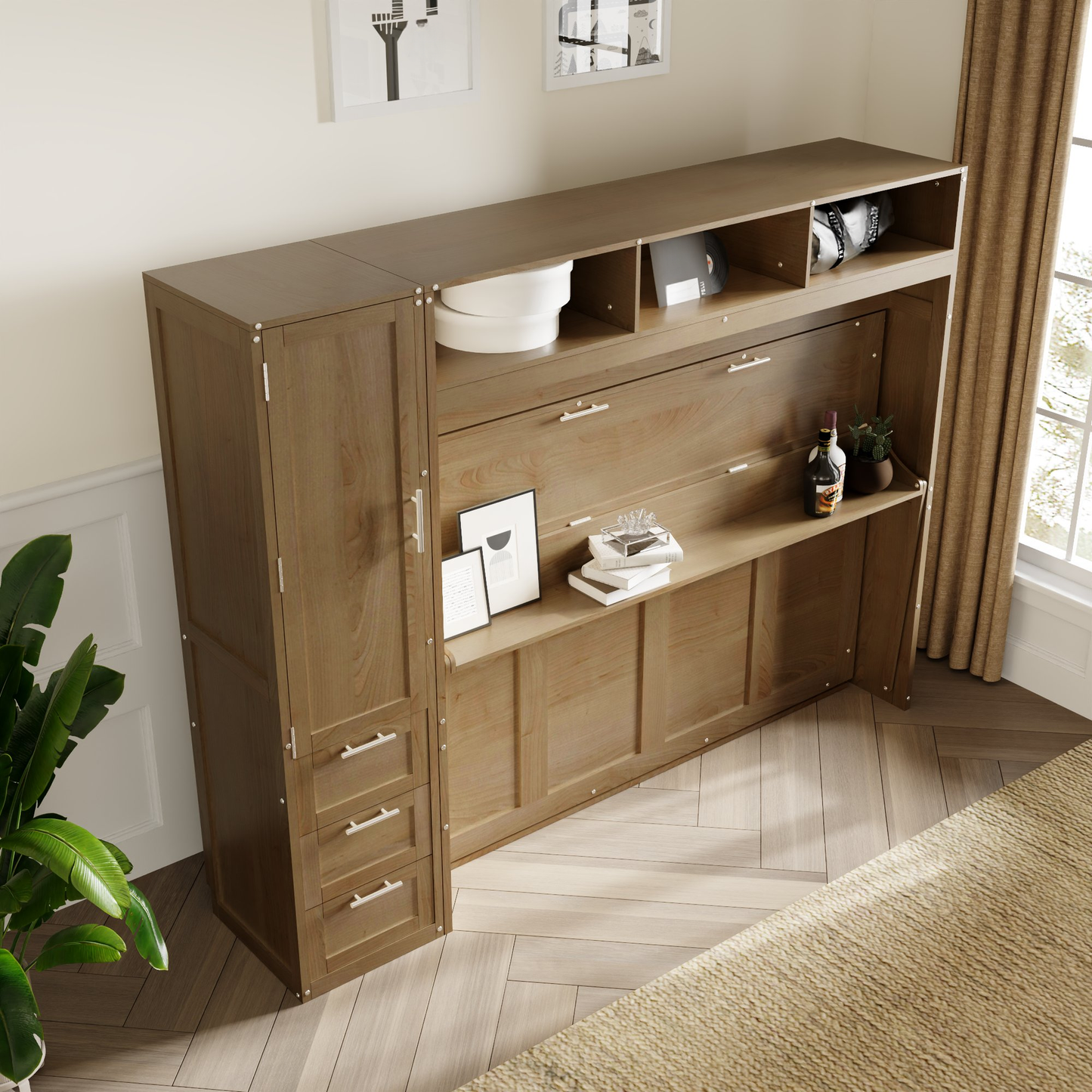 Wall bed cabinet in warm wood tone with hidden bed and storage shelves