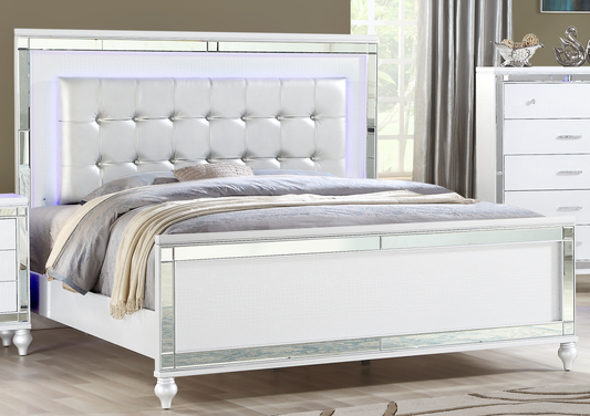 White tufted leather headboard king bed with integrated LED lights and mirrored trim
