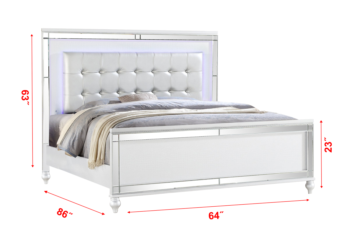 White tufted leather bed with LED headboard and mirrored accents