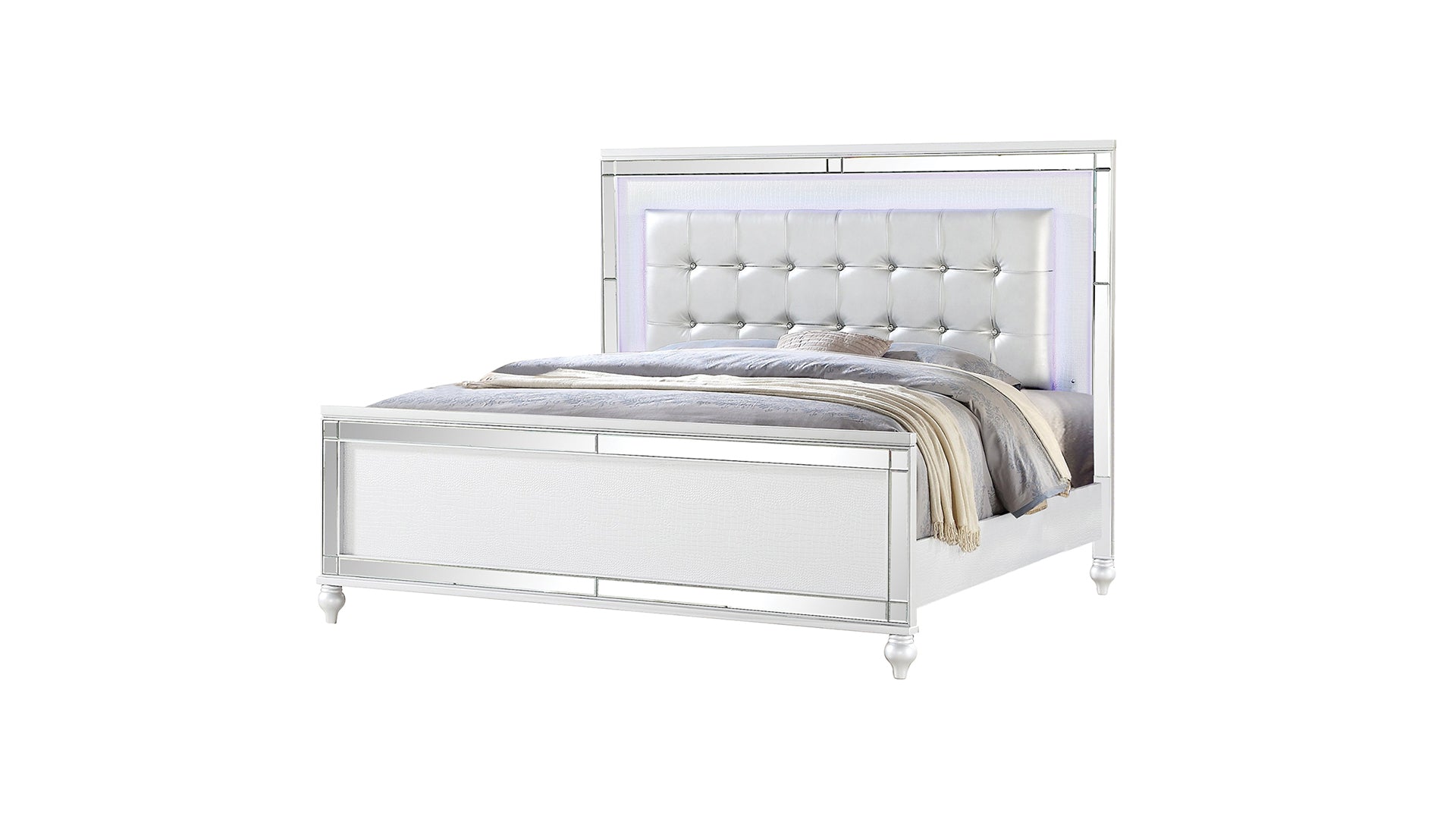 White upholstered bed frame with mirrored accents and LED lighting