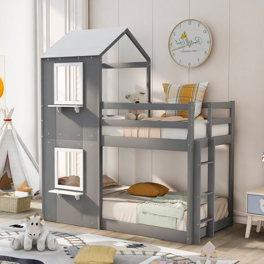 Gray wooden houseshaped bunk bed with guardrails and ladder