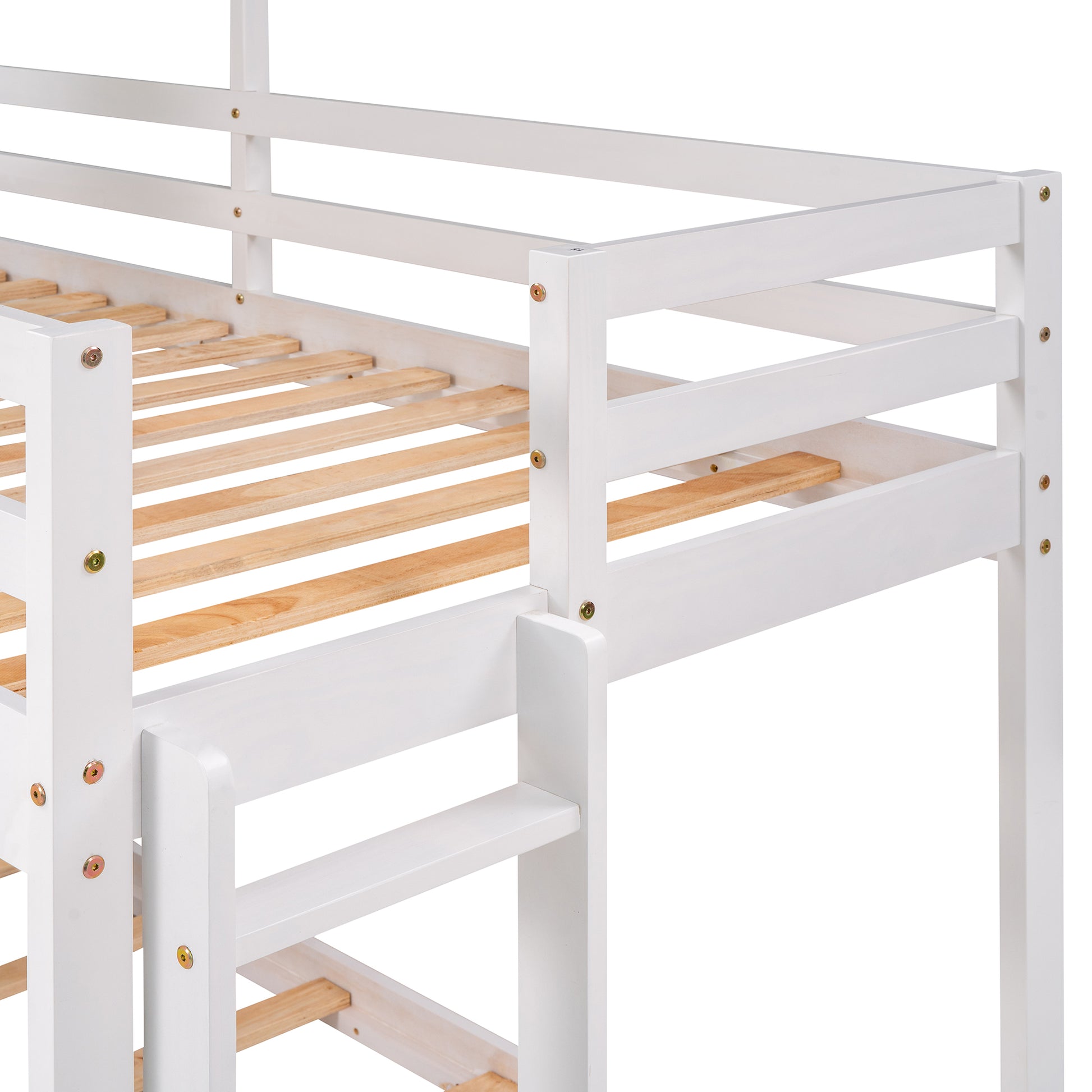 White wooden bunk bed frame with slatted base and integrated ladder