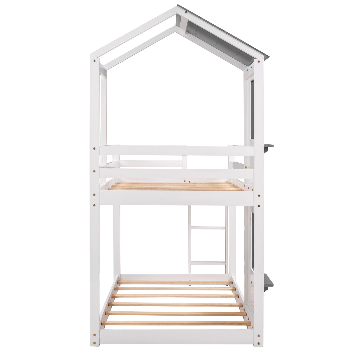 White wooden house bunk bed with grey roof