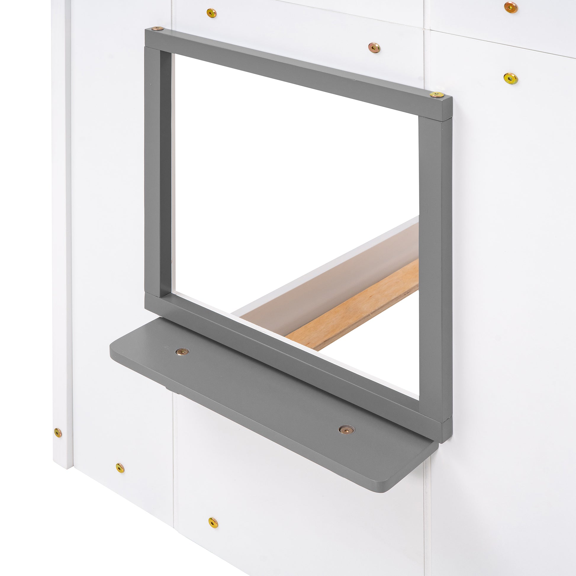 White and gray modern playhouse window detail with shelf