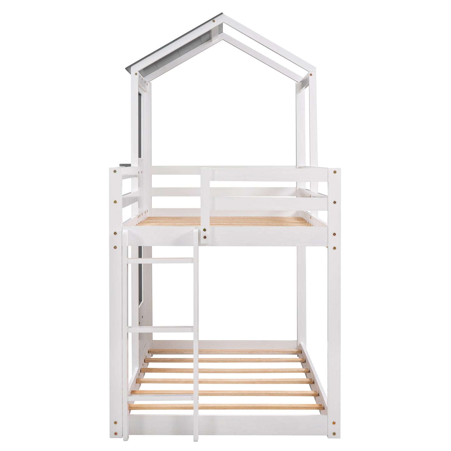 White wooden bunk bed with houseshaped roof frame and attached ladder for childrens bedroom