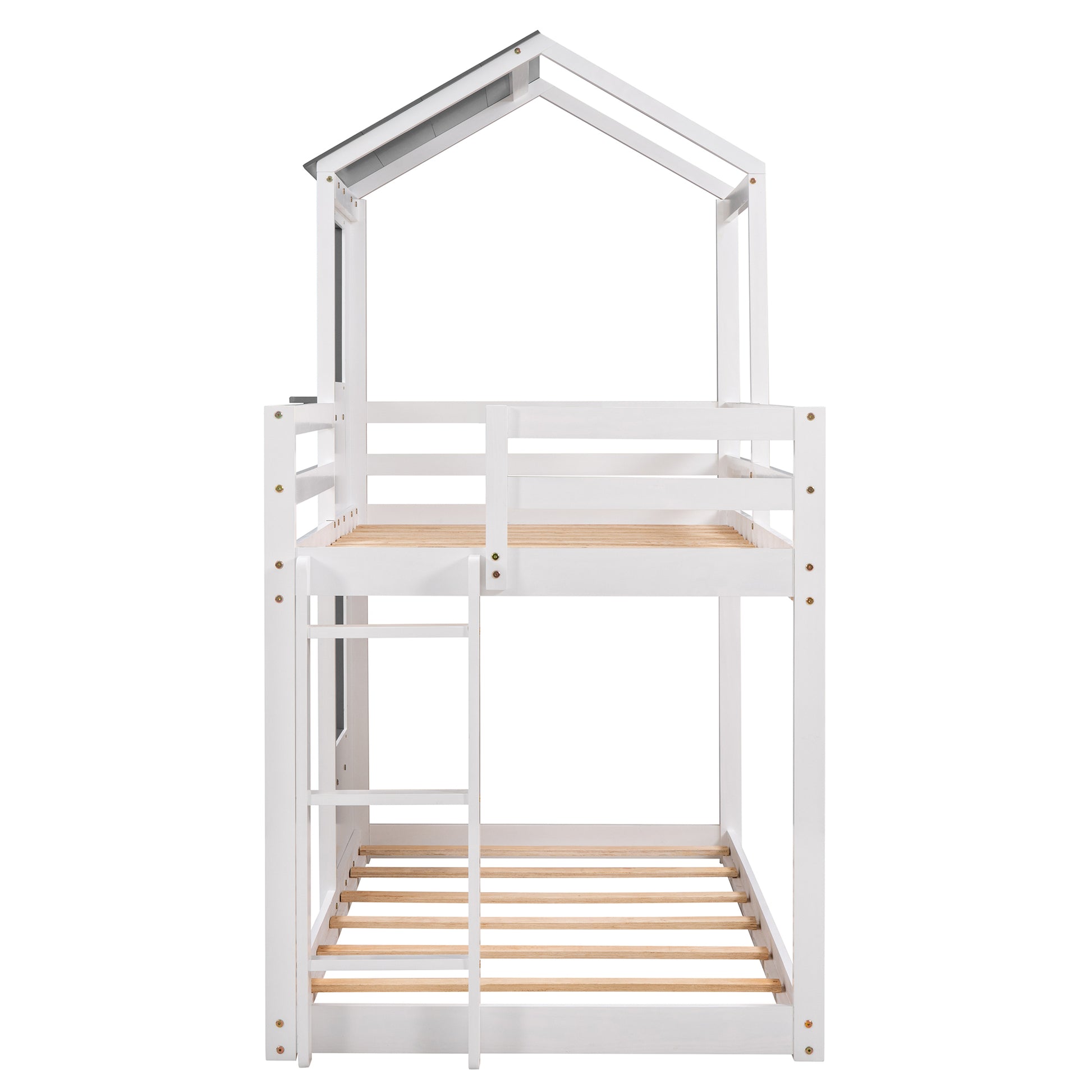 White wooden bunk bed with houseshaped roof frame and attached ladder for childrens bedroom